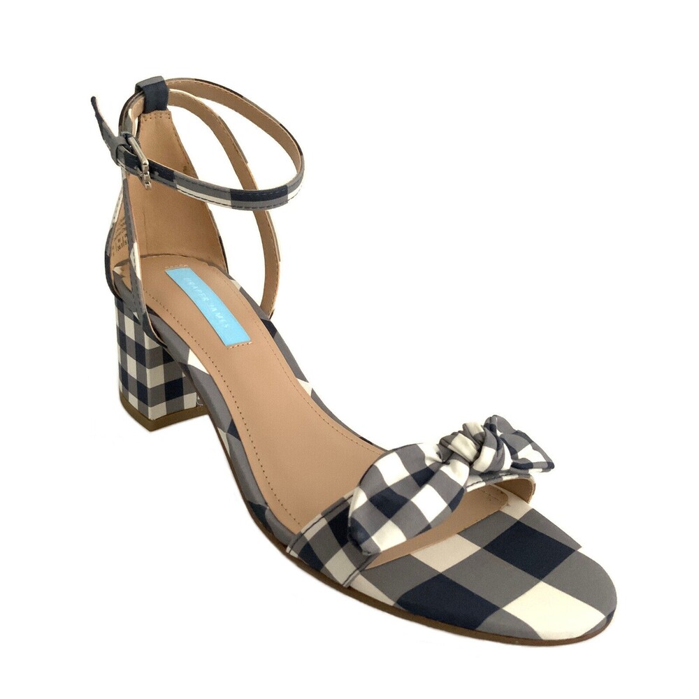 Draper James Sandals Women Size 8M Blue White Gingham Block Heel Ankle Strap
